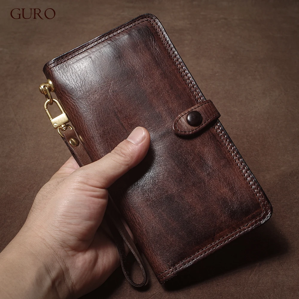 

GURO Genuine Leather Long Wallet Vintage Handmade Cowhide Clutch Wristlet Multi Credit Card Slots Bifold Organizer Men & Women