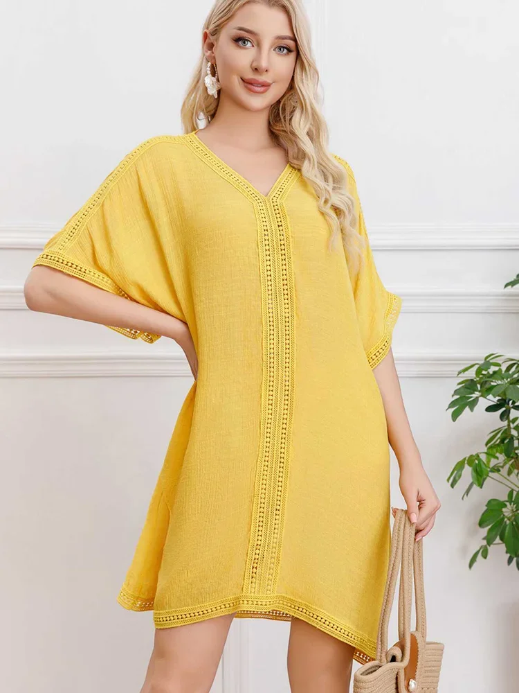 2025 new Thin Beach Cover-Ups Women Bikini Cover Up V Neck Solid Loose Beach Dress Summer Vacation Fashion Female Beachwear