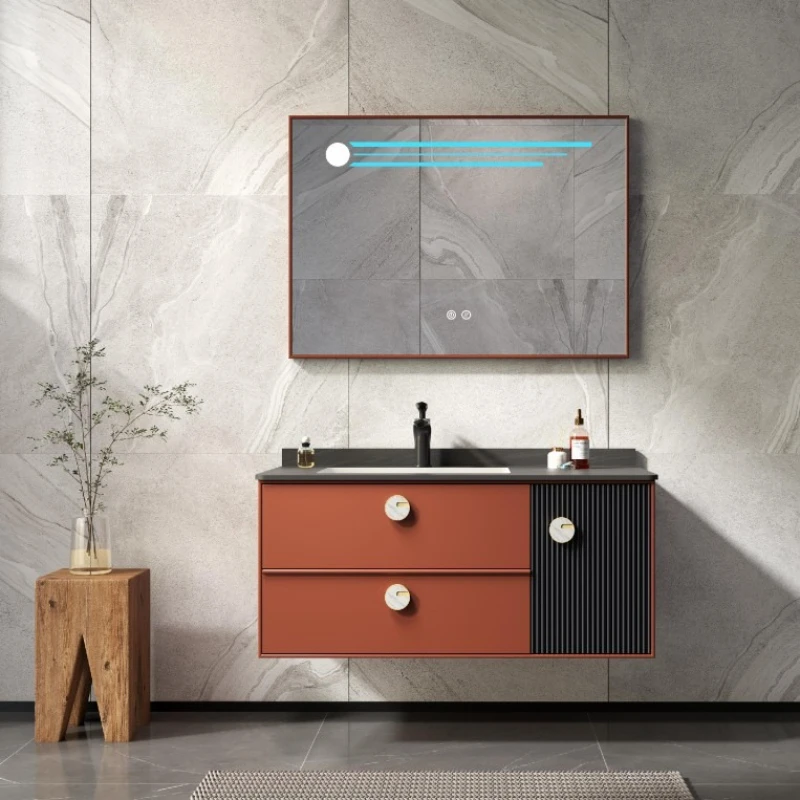 

Solid wood board bathroom cabinet Australian sandstone board seamless splicing basin cosmetic mirror small apartment bathroom