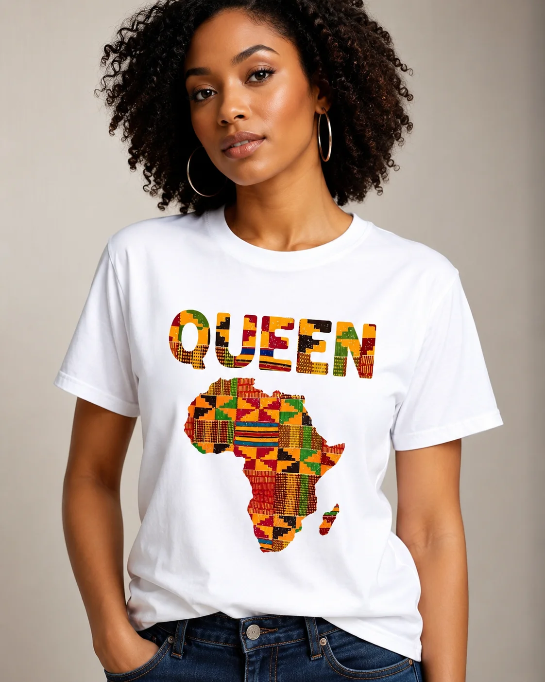 Women's African Queen Kent Cloth Pattern T-shirt - Colorful African Map Design with Bold Queen Print Casual Comfortable Fit