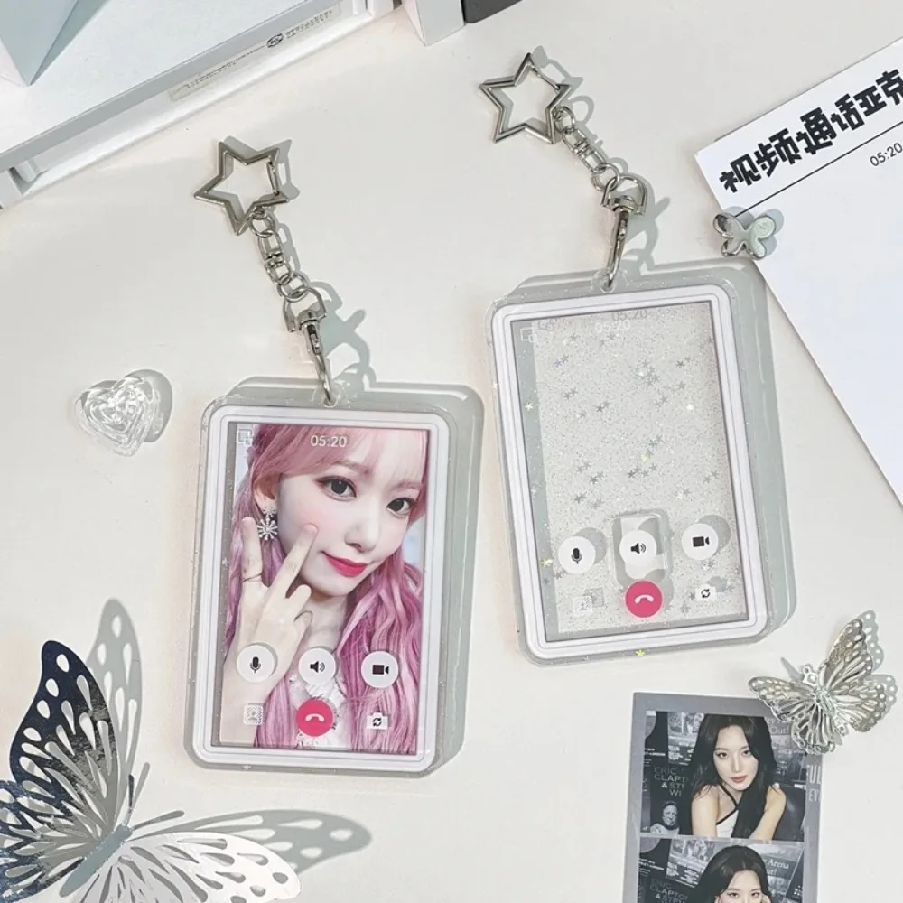 Y2K 스타일 화상 통화 배경 사진 카드 슬리브 3인치 키체인 포함 K-팝 아이돌 포토카드 보관 케이스 포토카드 홀더 소녀용