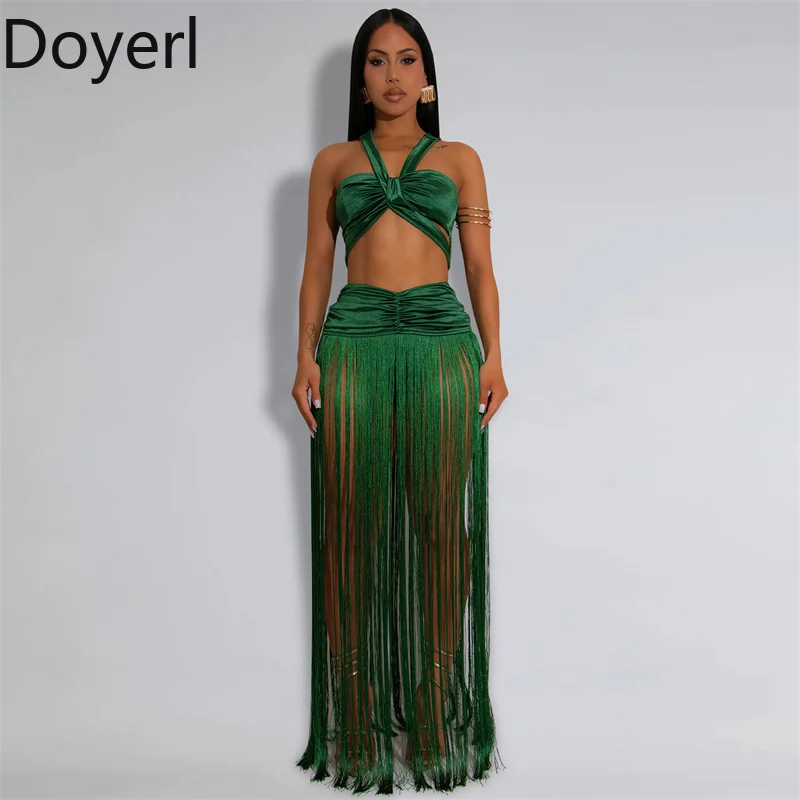 

Doyerl Trendy Satin Two Piece Outfits Woman Sexy Club Night Party Bandage Halter Strapless Crop Top and Tassel Long Dress Sets