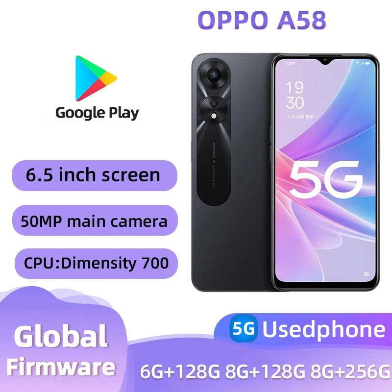 Oppo A58 5g Smartphone Android CPU Dimensity 700 6.5inches Screen RAM 6G/8G12G ROM 128G/256G 5000mAh Battery used phone