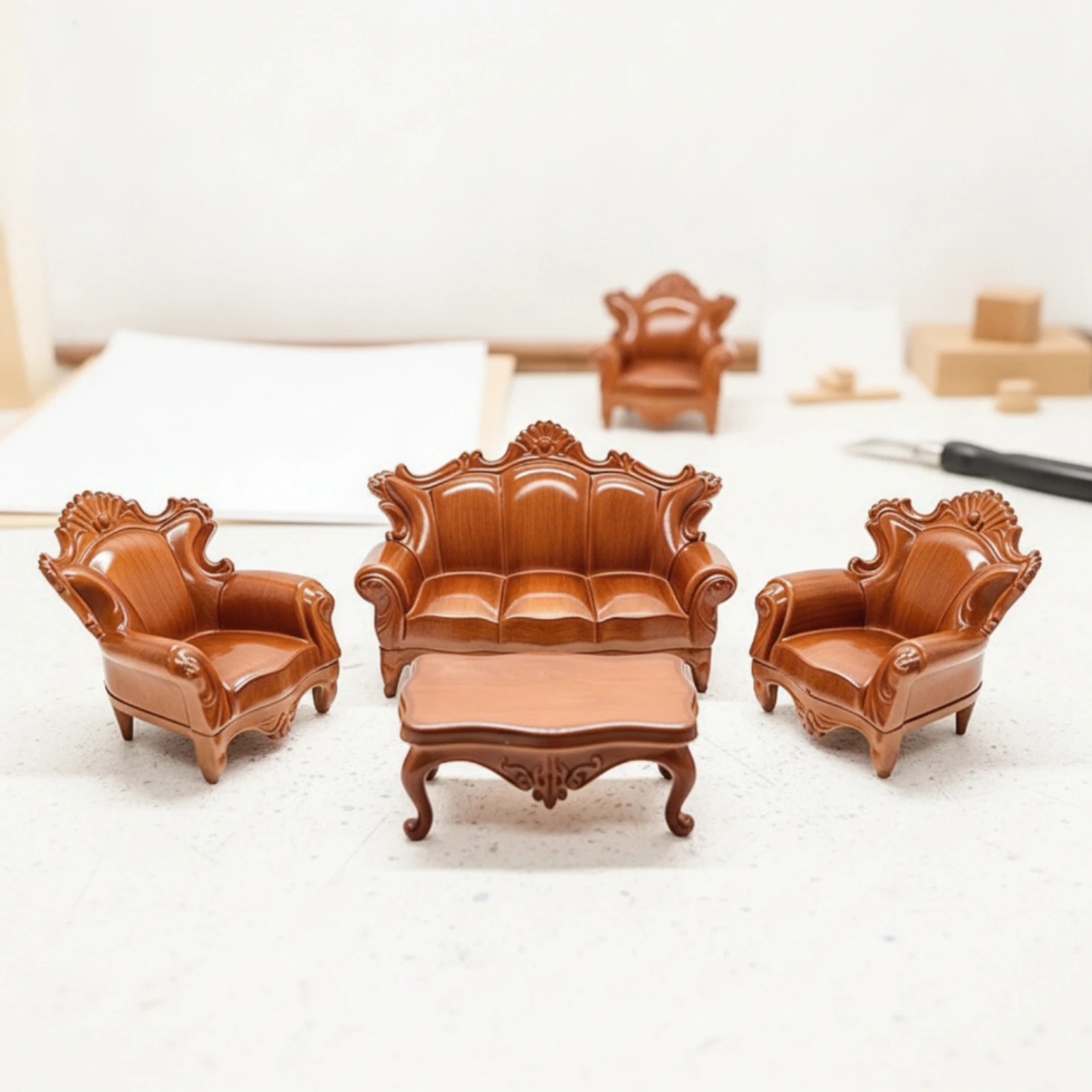 4 Pieces Ornate Miniature Living Room Furniture Set No Assembly Required Carved Miniature Armchair and Sofa Set Wear-Resistant
