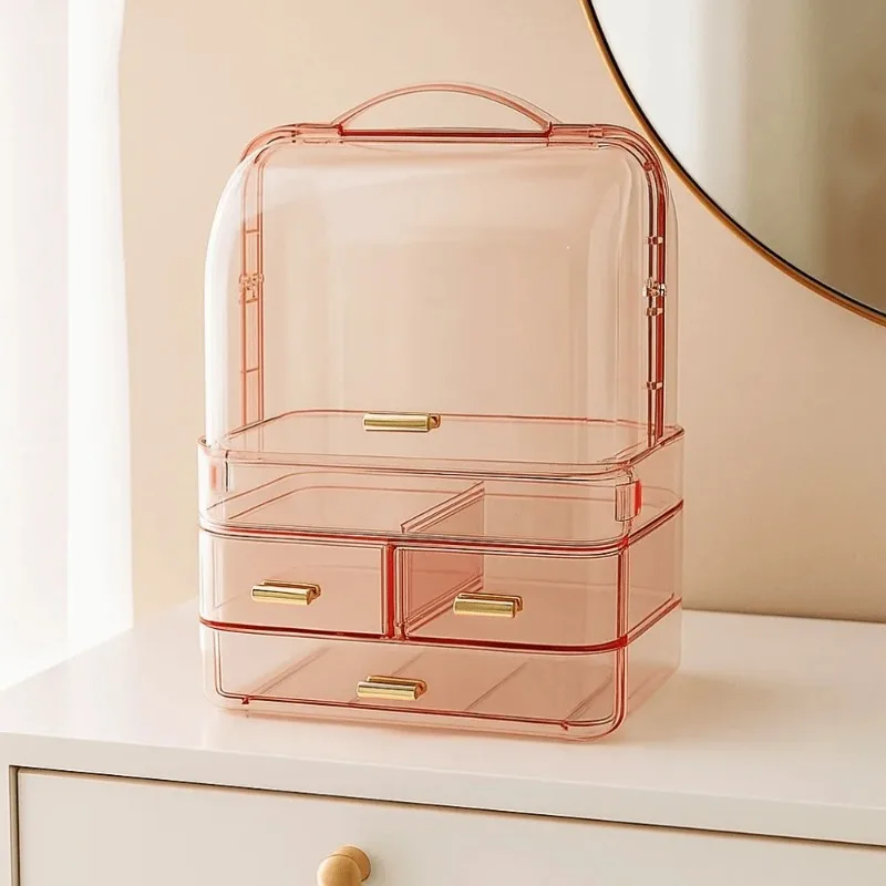 Drawer Style Cosmetics Storage Box with Lid and Handle Dustproof Makeup Storage Rack Clear Desktop Organizer view 5