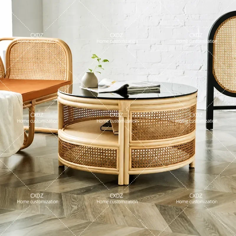 Round Rattan Storage Coffee Table Set with Chair Natural Indonesia Rattan Living Room Furniture Light Luxury Home Decor