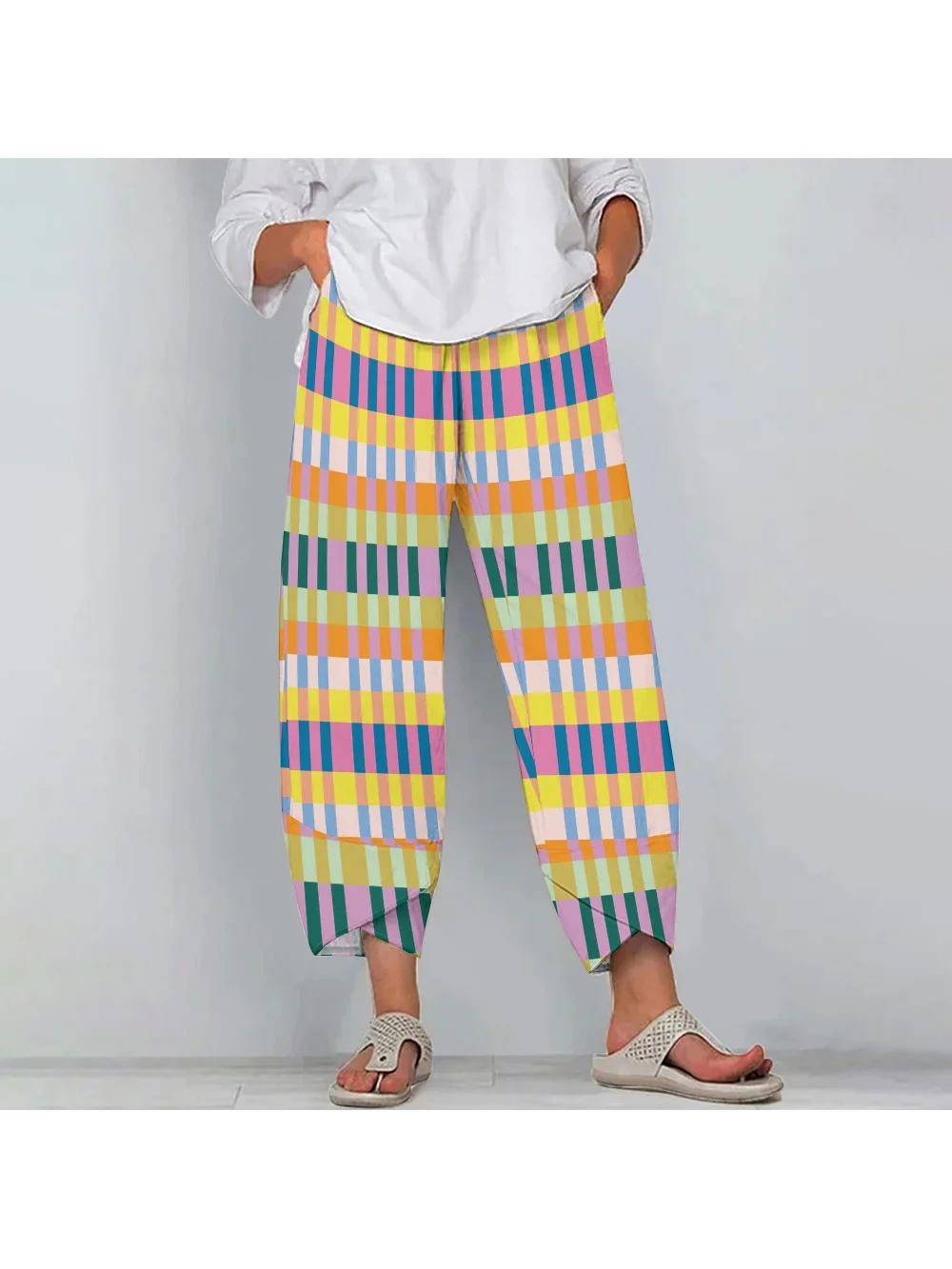 Orange Striped Casual 9-Point Pants Women's New High-Waisted Tied Loose Straight-Leg Pants Chic Luxury Cotton Beach Pants