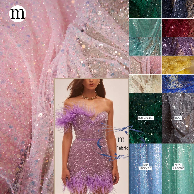 

Ivory Wedding Crystal Clear Heavy Sequins Beads Pearl, Quality Embroidery Beaded Fabric for Bridal Dresses Apparel Veil DECO