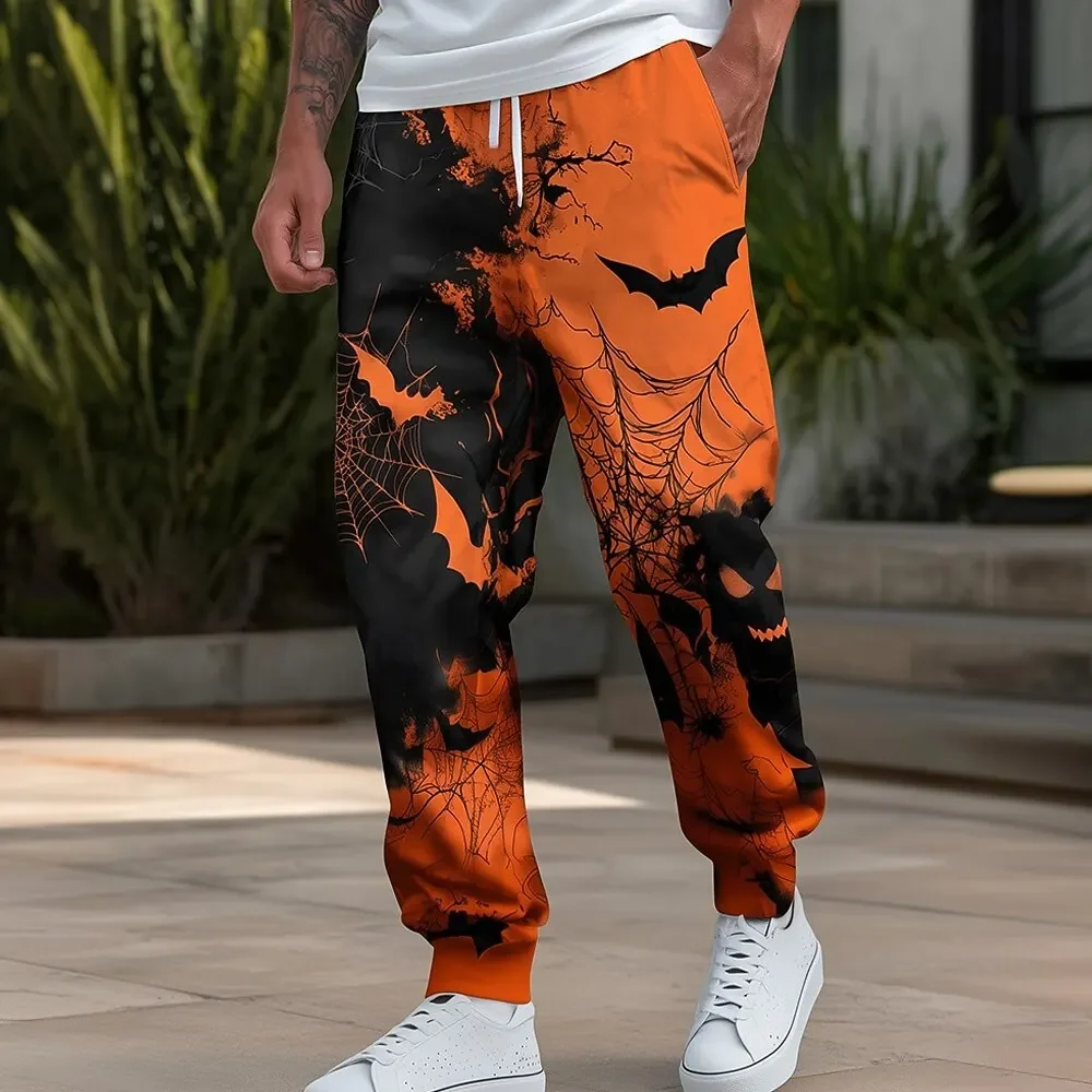 Herren-Halloween-Jogginghose mit gruseligem Kürbis-Motiv, 3D-Druck, Kordelzug, Taschen, gestreifte Bündchen, lässige Party-Streetwear-Hose – Detail 4
