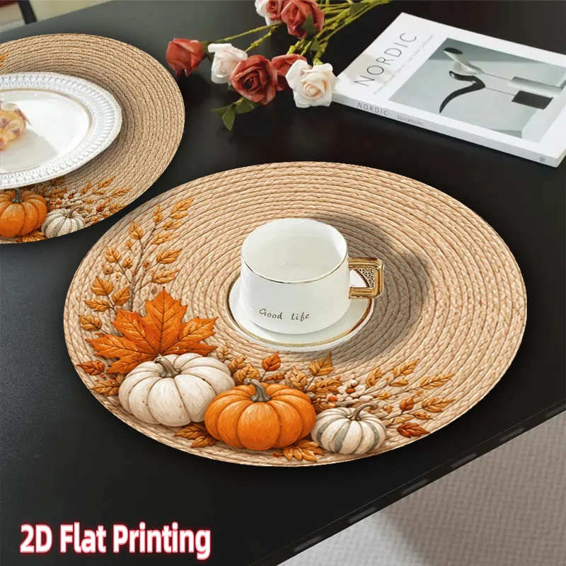 8/4 Piece Set of Large 2D Flat Country-Style Pumpkin Leaf Orange Round Placemats, Suitable for Parties, Family Dining, Themed Restaurants, Halloween and Christmas Decorations, Suitable for Both Indoor and Outdoor Use,