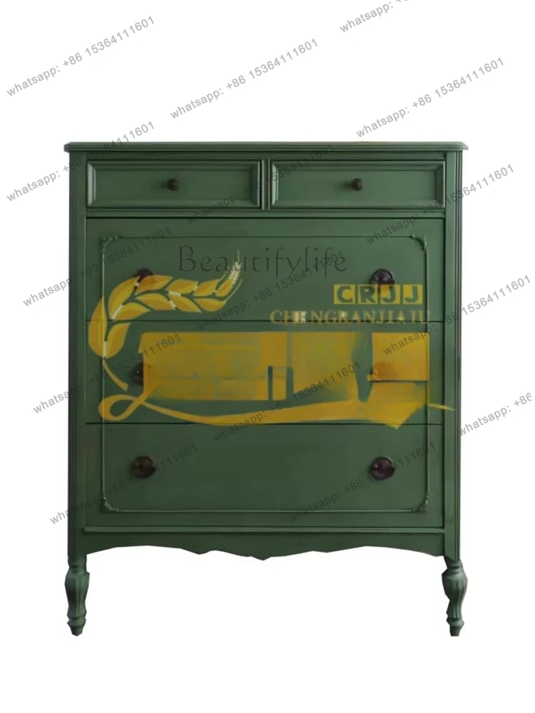 

French vintage green solid wood chest of drawers American simple storage drawer cabinet