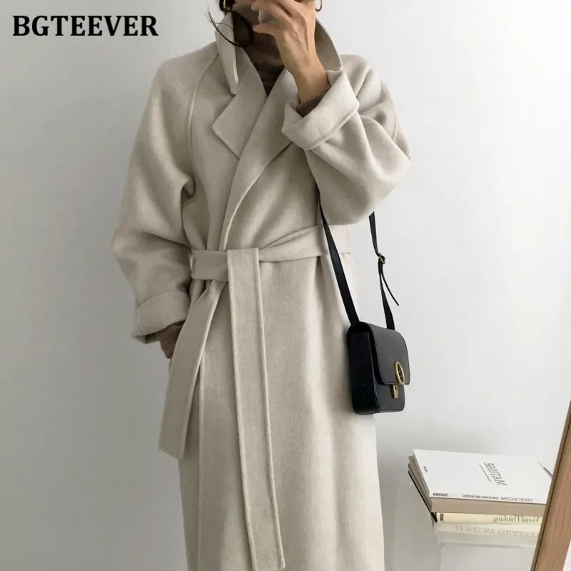 BGTEEVER Chic Elegant Thick Warm Ladies Woolen Overcoats Winter Outwear Long Sleeve Loose Pockets Female Lace-up Blend Jackets