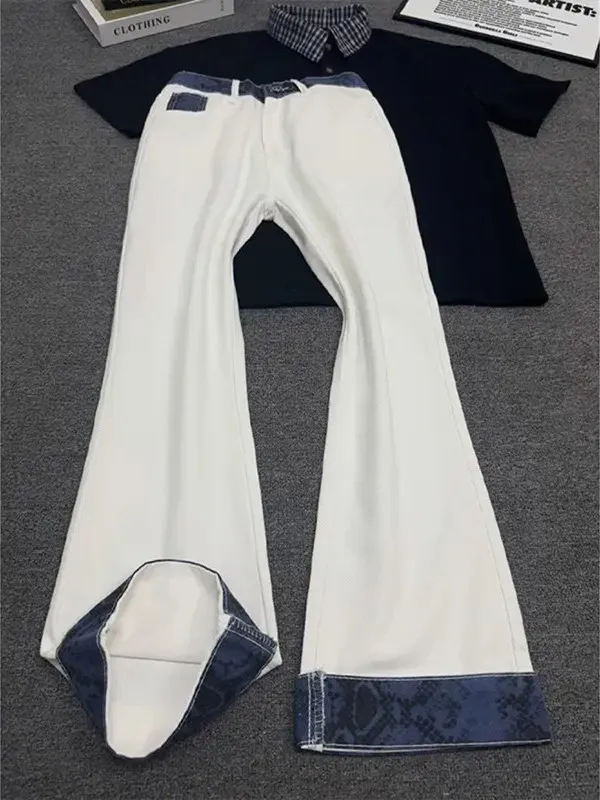 

American High Street Vibe Men's Snake Print Patchwork White Jeans Flared Legs Color Blo Cuffed Daily Wear Tight Fit