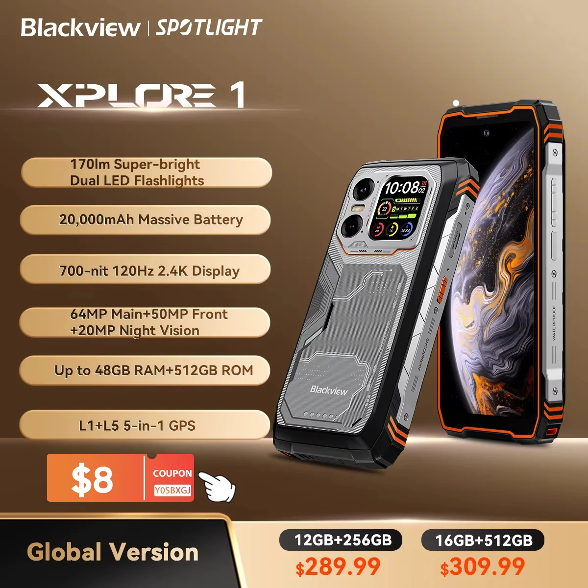 Blackview XPLORE 1 Outdoor Mobile Phone, 5G Waterproof Rugged Smartphone Android 15, 6.78'' 2.4K Display, 16GB+512GB, 20000mAh