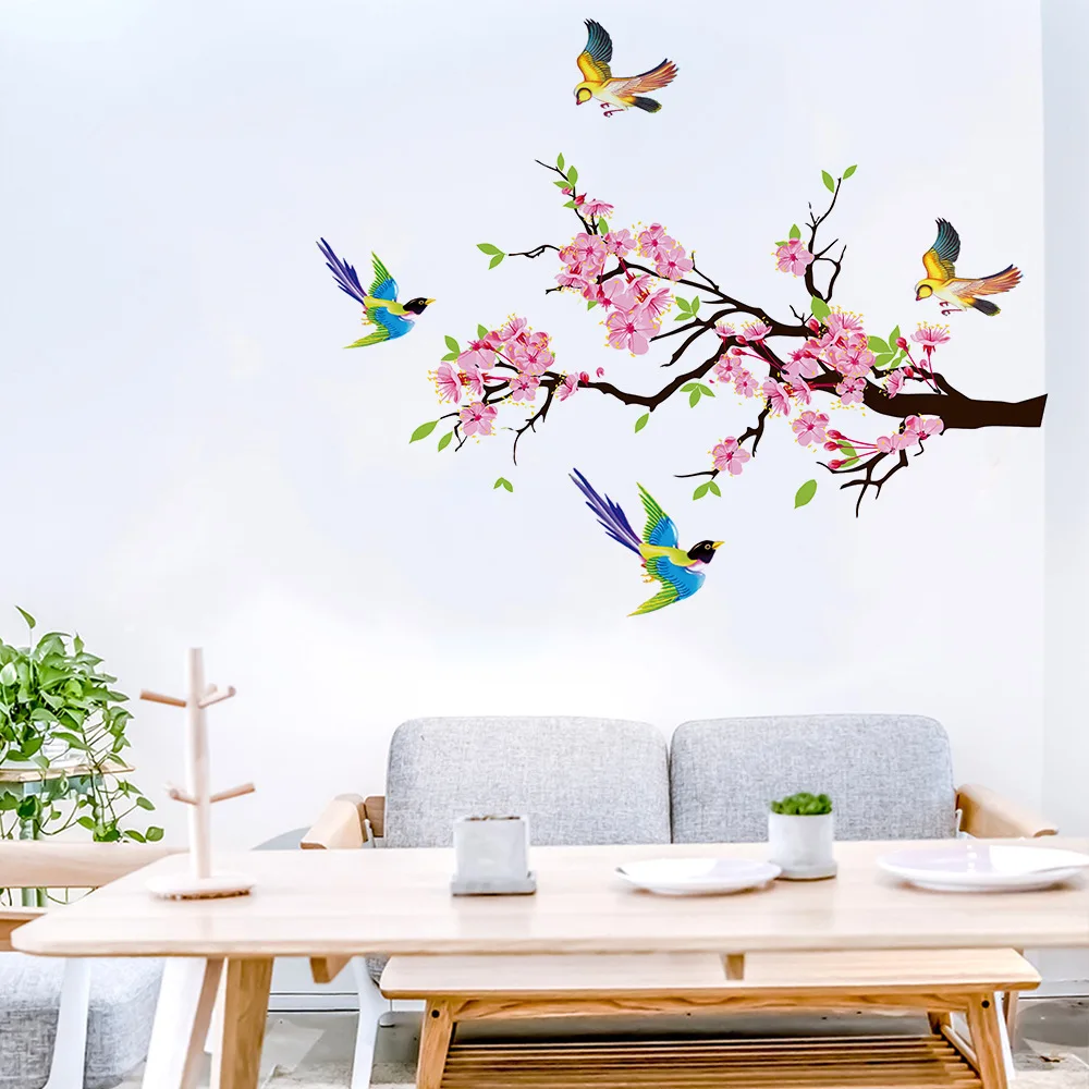 Large Plum Blossom Wall Stickers Pink Removable birds Flower Butterfly Vinyl Art Decal Wall Home Sticker Room Decor