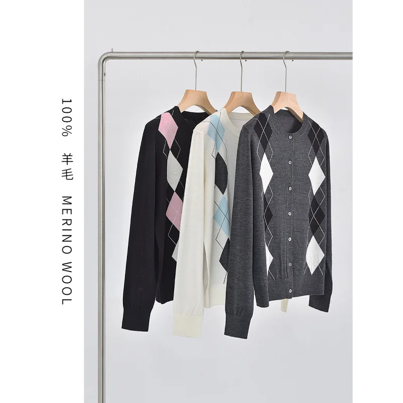 

2025 новый стильный шерстяной свитер, 100% для женщин, универсальный тонкий ретро-цветной блок, ромбовидная сетка, кардиган с круглым вырезом и длинными рукавами