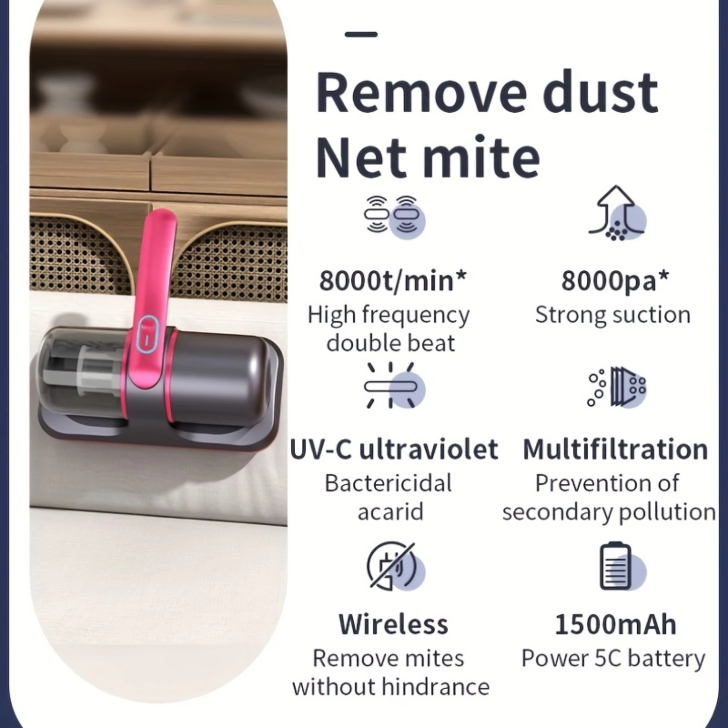 Eliminador de ácaros inalámbrico de mano de alta potencia, aspirador antiácaros para cama casera, máquina antiácaros ultravioleta de mano, aire caliente D