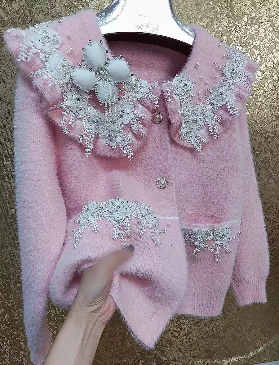 女性用フェイクファーカーディガンコート,ビーズダイヤモンド,タッセル,花の刺embroidery,ニットジャケット,厚手のコート,暖かいセーター,アウター,冬,2024