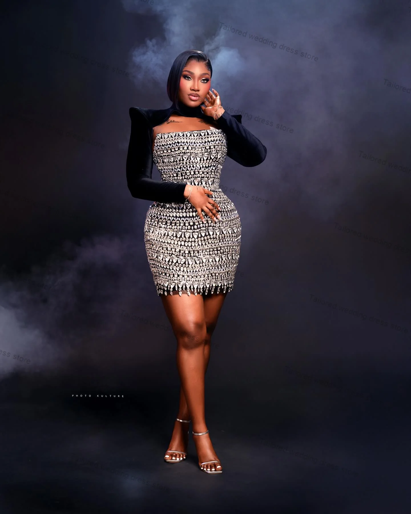 

Crystals Women Prom Dress Sexy Sheath Full Sleeves Short Mini Bridal Evening Gown Customized Lace Up Back Robe