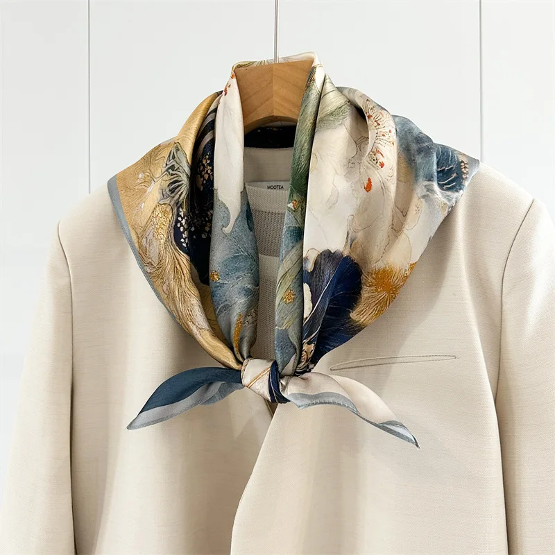 65x65cm 100% Mulberry Silk Scarf for Women Vintage Print Small Square Silk Neck Scarf Head Scarf Hair Bandana Neckerchief Shawl