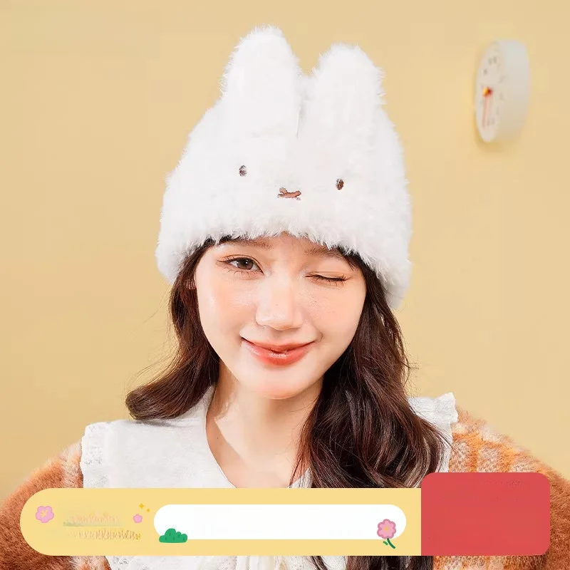 

Warm Cute Rabbit Ear Knitted Hat Furry Ear Protection for Girls Winter Faionable Cartoon Character Cap Cozy Balac Hat