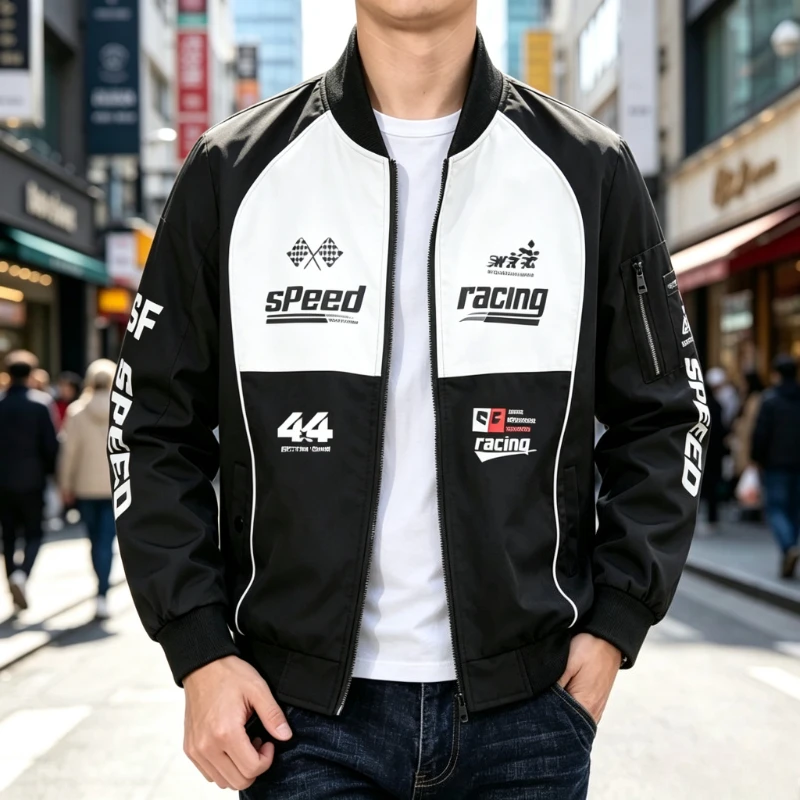 Lightweight Racing Printed Motorcycle Jacket Men Zip Up Stand Collar Letter Print Varsity Jackets Spring Autumn Streetwear Coats