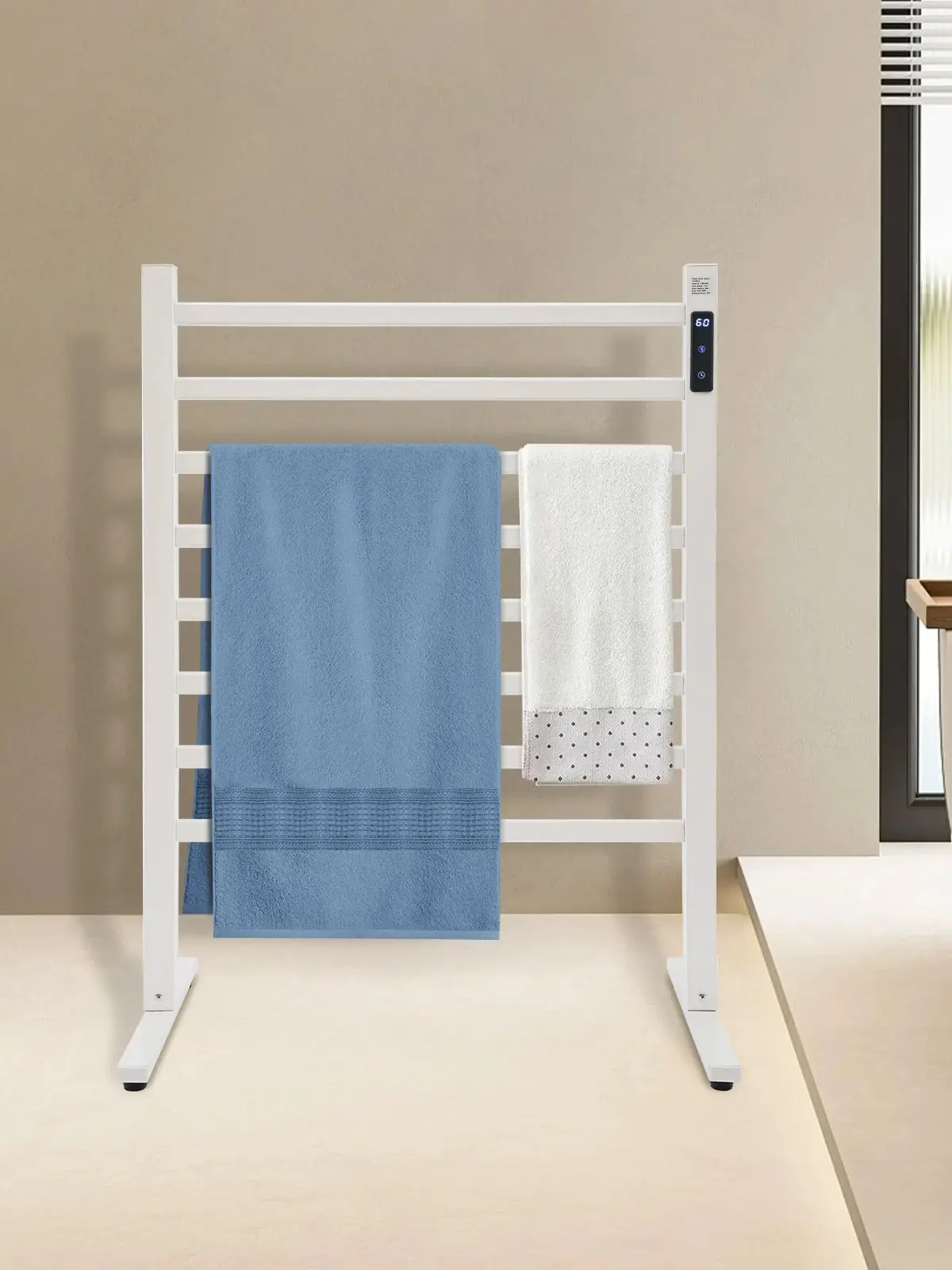 Sèche-serviettes électrique sur pied 180 W, affichage LED et prise UE (blanc)