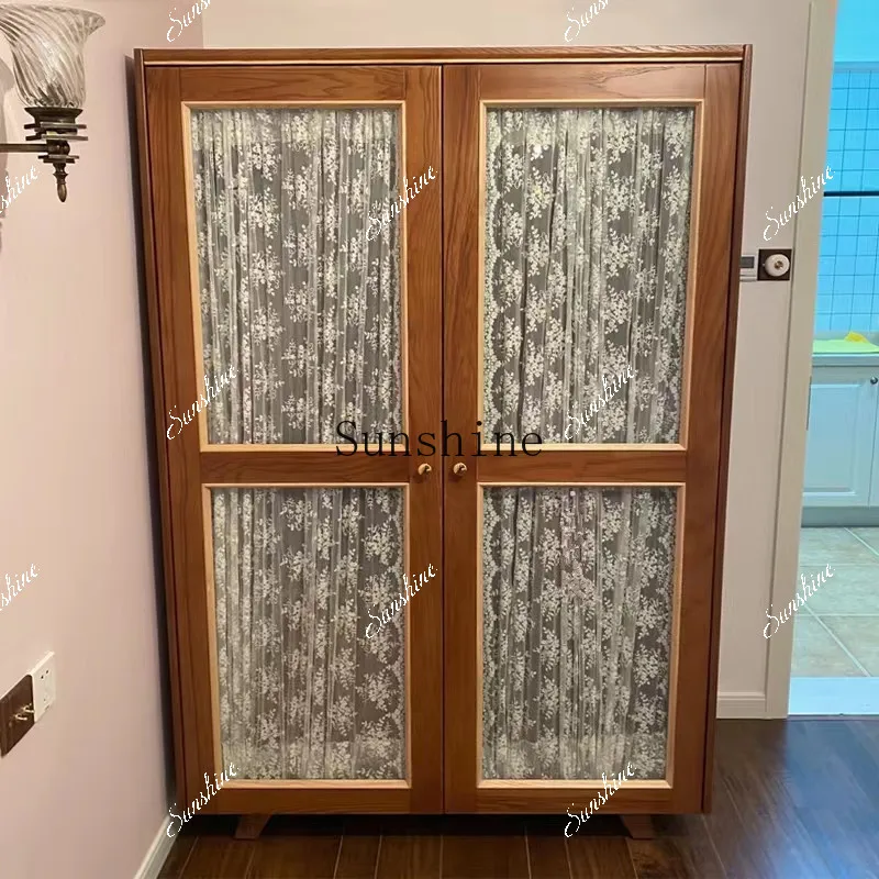 French retro solid wood gauze curtain glass storage bedroom clothes cabinet simple and modern  FT