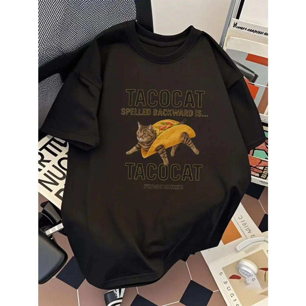 Tacocat Spelled Backward Is Tacocat Graphic T-Shirt Cotton Printed Funny Cat Meme Tee Summer Harajuku Streetwear Tops Men Women