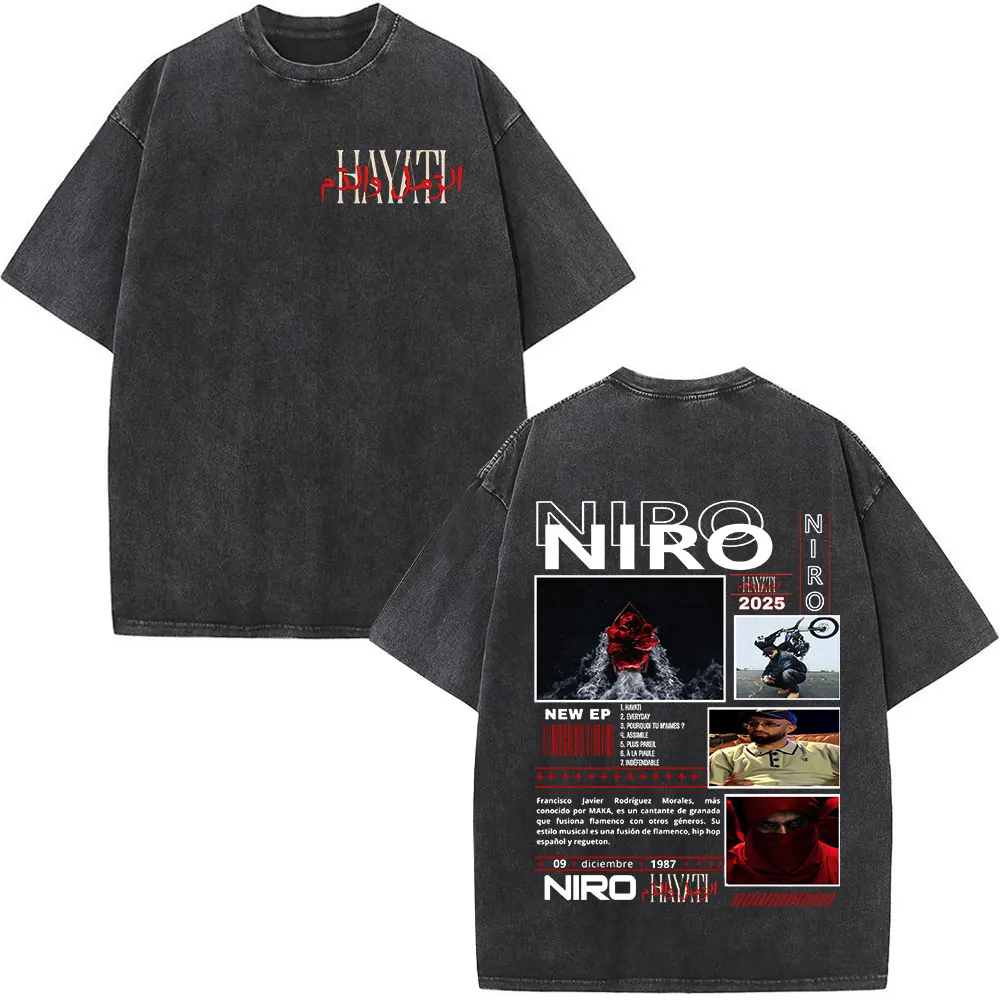 เสื้อยืดแฟชั่นฮิปฮอปผู้ชายผู้หญิง เสื้อยืดลำลองผ้าฝ้ายแขนสั้น สตรีทแวร์ แร็ปเปอร์ นิโร ฮาญาติ อัลบั้ม เสื้อยืดวินเทจแบบฟอก