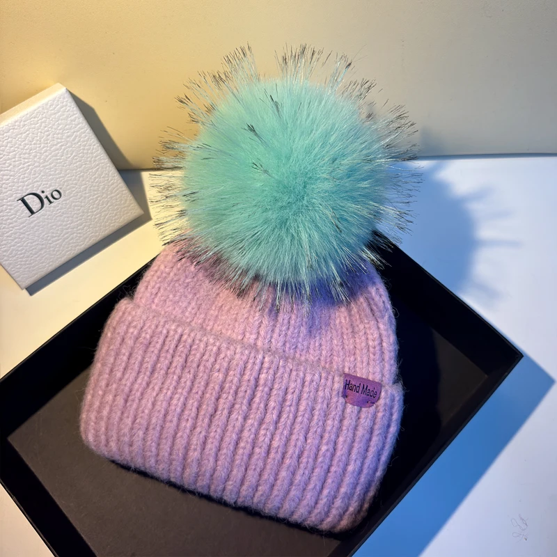 

2026 New natural Faux fox fur pompom hat Fashion traveling hats for women girl High quality wool fur winter Warm Female beanies