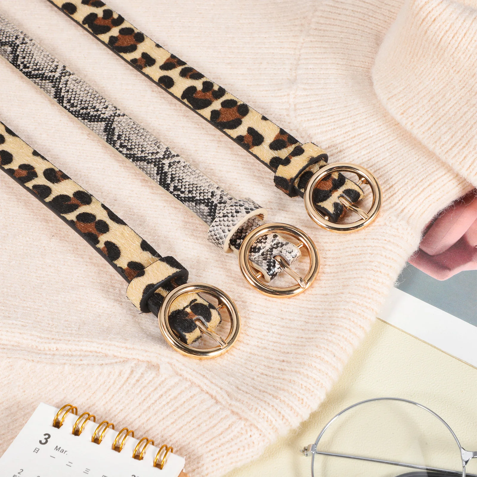 

3pcs Leopard Print Snake Pattern Belts Women 105cm Adjustable Round Buckle Fashion Lady Durable Stretch Resistance Belt