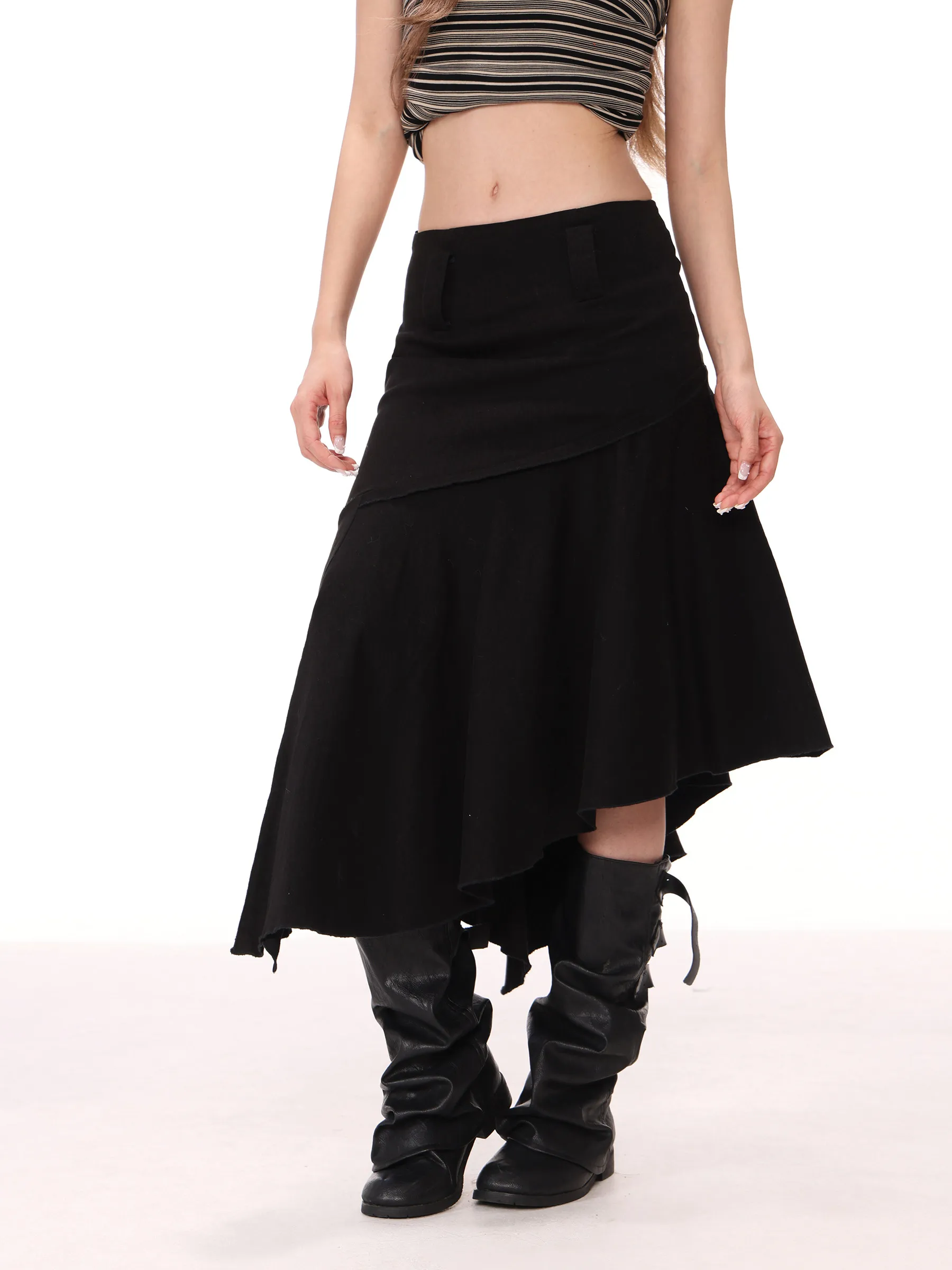 

Черная асимметричная юбка с двойным подолом и высокой талией, женские летние брюки с разрезом, фасон А-силуэт.