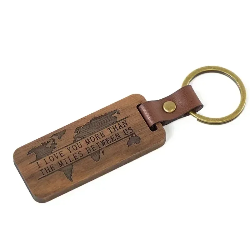 Customized PU Leather Wooden Keychain Blank DIY Wood Keyring Square Engraved Car Key Chains Retro for Friends Lovers Family Gift