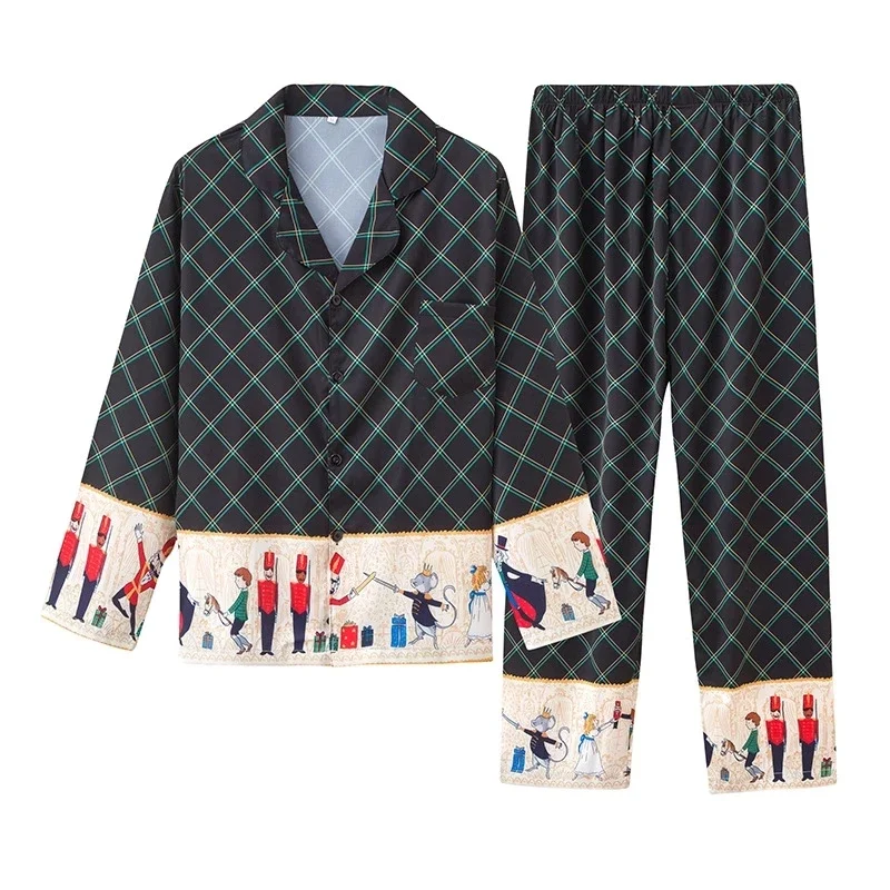 Unisex kadınlar çift pijama sonbahar uzun kollu pantolon 2 parça buz ipek kadın karikatür pijama Set baskı erkekler ev hizmeti takım elbise
