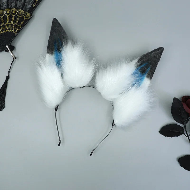 Bandeau oreilles de loup en fourrure bleue, ensemble queue de loup, ceinture réglable, bandeau en fourrure moelleuse d'animal réaliste, Anime Lolita KC LOL Cosplay