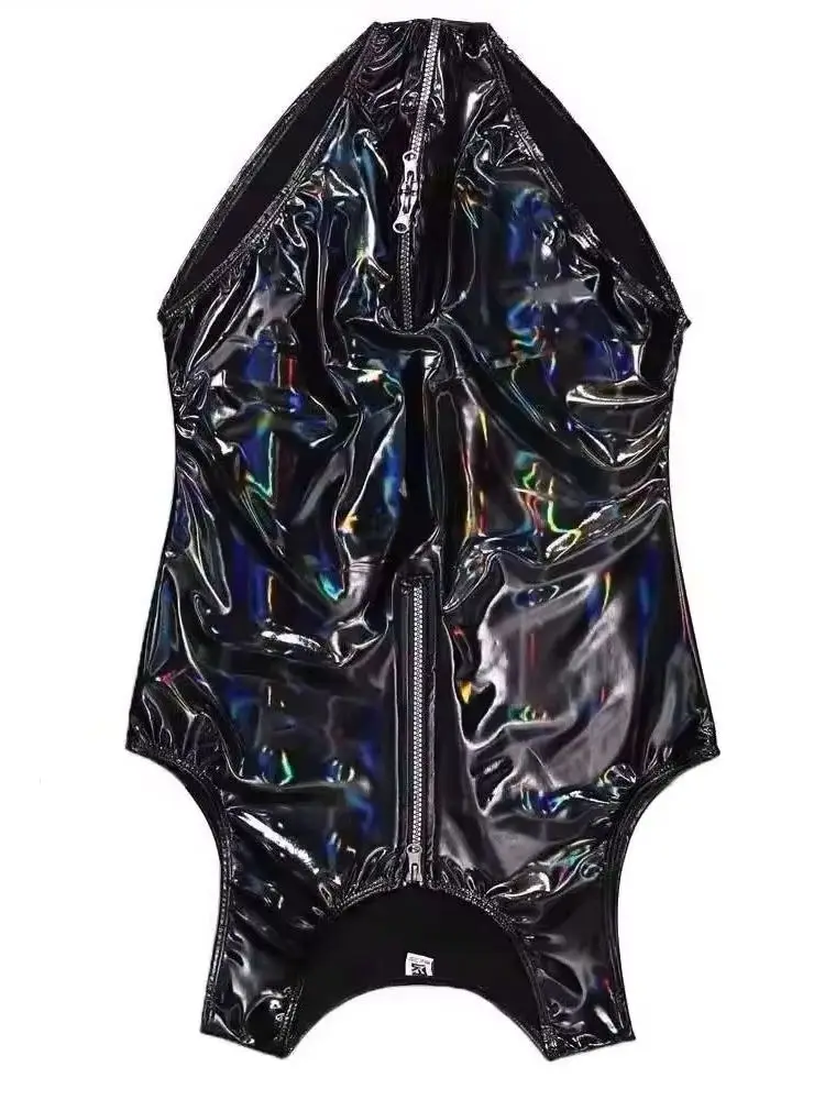 

Men's Leather Jumpsuits PVC Dazzle Color Shiny Catsuit U Convex Pouch Zipper Open Crotch Bodysuit Bright Triangle One-Piece Vest