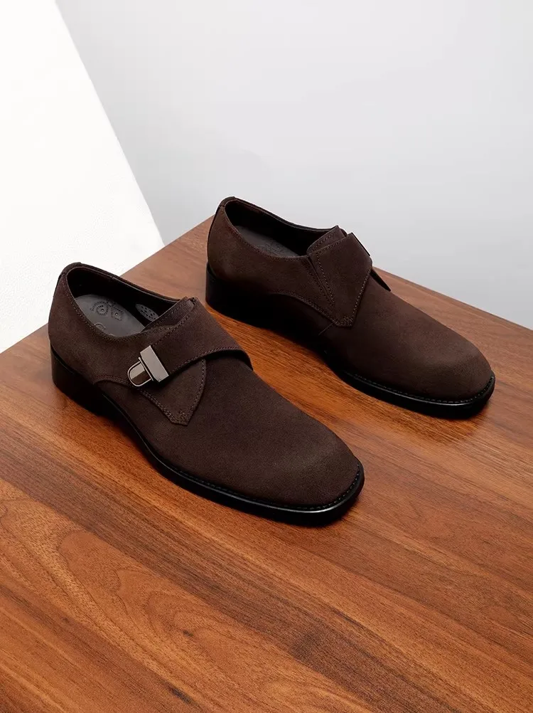 Men's Buckle Leather Shoes, Suede, European Fit, Handmade, High-end Wedding, Loafer Style