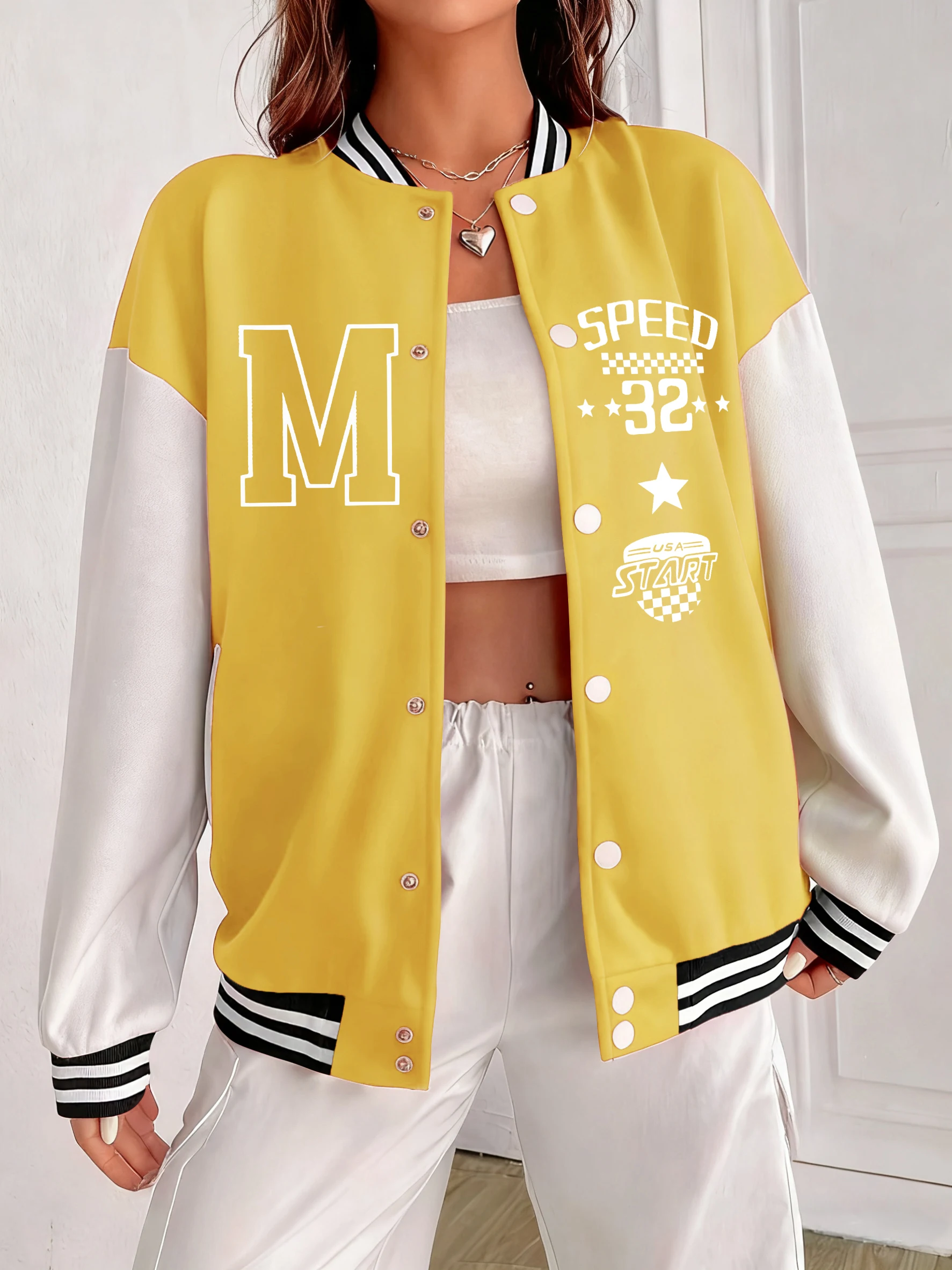 

Женская куртка с принтом буквы M Speed 32, винтажная свободная одежда, американская красочная бейсбольная форма, осенняя универсальная спортивная одежда