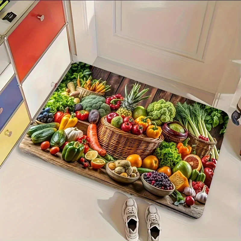 VIKAMA Fruit Vegetable Doormat Fresh Harvest Fruit Veggie Basket Print Non‑Slip Washable Entrance Mat Kitchen Home Decor Floor