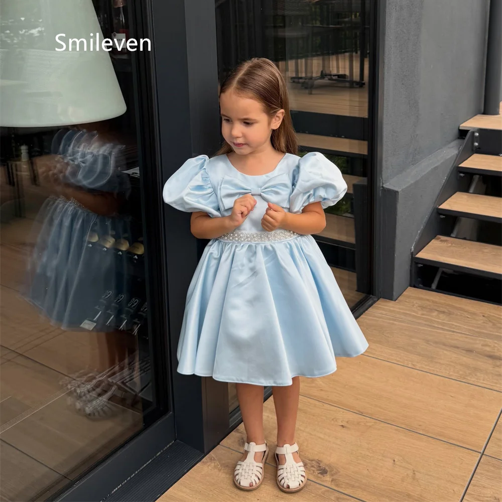 Smileven Blue A‑Line Girl Flower Dresses Round Neck Puff Sleeve Communion Party Dress Pearl Waist Back Bow Gowns Customized 2026