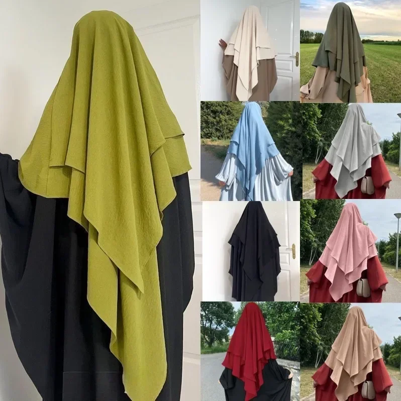 Longo Khimar Hijab Lenço Envoltório, 2 Camadas, Crepe Voile, Moda Muçulmana, Ramadan Oração Hijabs, Vestuário Islâmico, Atacado