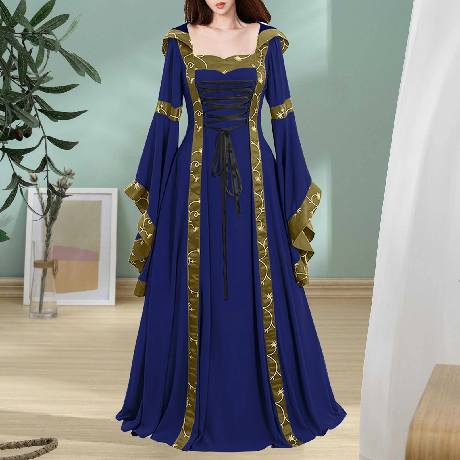 Vintage Women Dress Retro Lace Up Long Sleeve Floor Length Medieval Dress  Halloween Costume For Party Woman Clothing - AliExpress 200000345