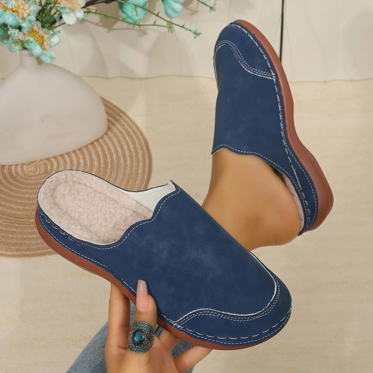 Women Fleece Lined Mules Slippers Winter Warm Suede Backless Slides Slip on Closed Toe Wedge Heel Casual House Shoes for Women