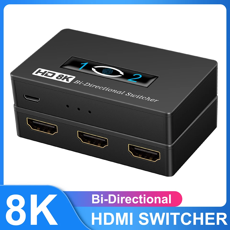 HDMI Switch 8K/4K/1080P Bidirectional 2 Input to 1 Output HDMI Switcher 2x1 Out Supports HDMI Switch for HDTV Blu-Ray Player