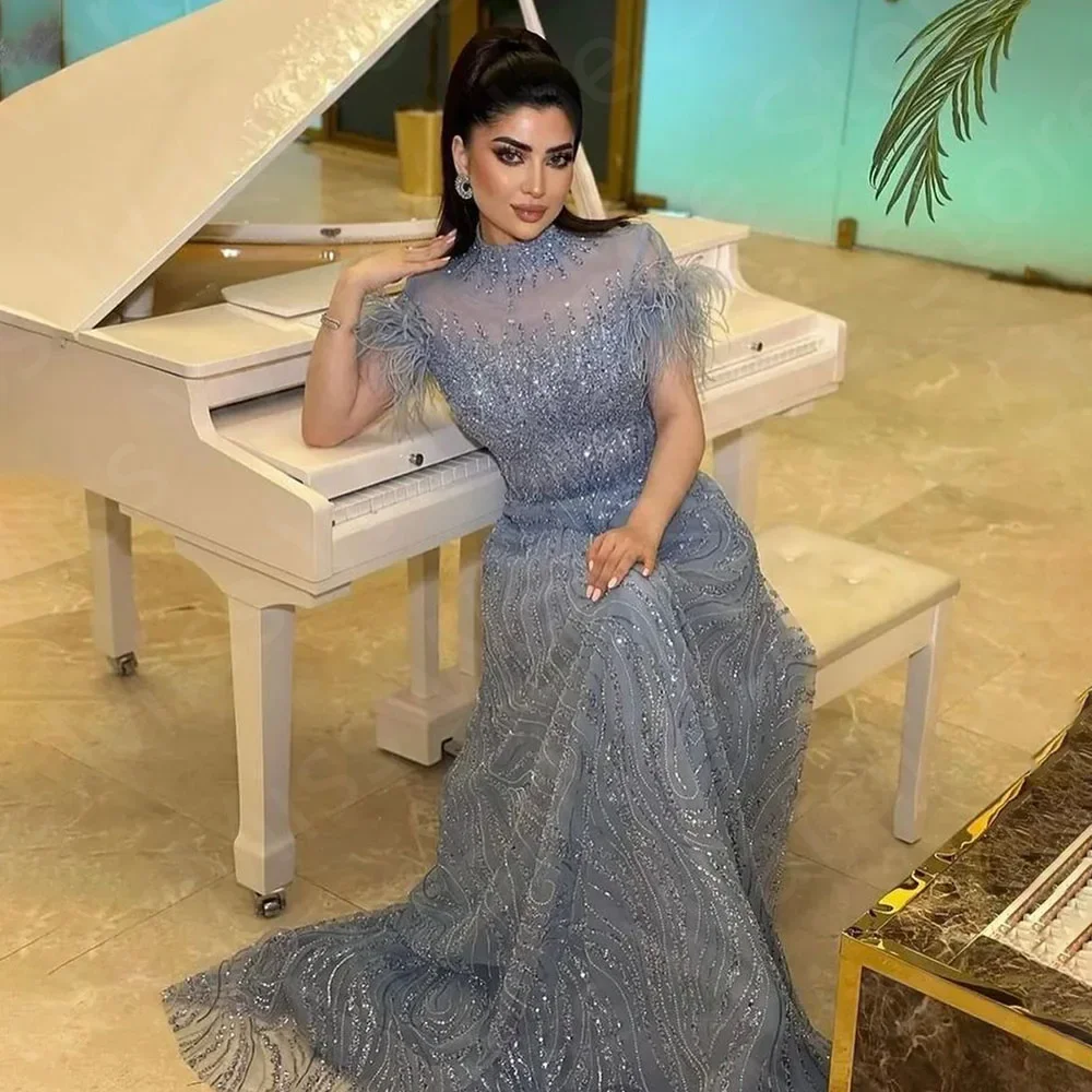 Baby Blue Evening Dresses Short Sleeves High Neck Pleated Beading Prom Party Gown Saudi Arabia Floor Length Middle East 2024