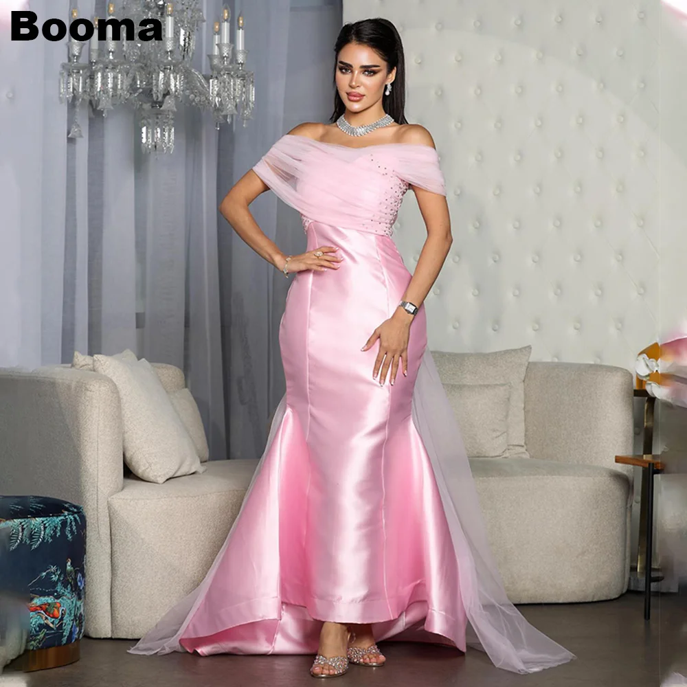 

Booma Elegant Pink Mermaid Evening Dresses Off Shoulder Satin Tulle Formal Party Gowns for Women Saudi Arabic Prom Dress Dubai