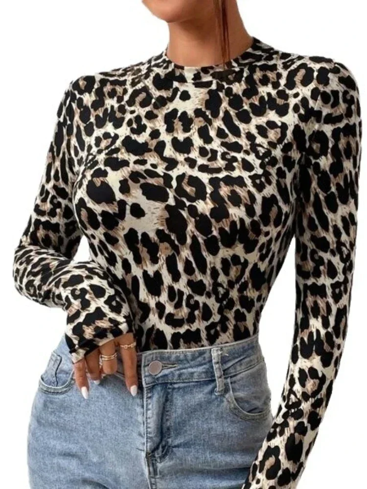 Sexy Tight Women\'s Bodysuits Women\'s Small Stand Collar Long Sleeve Fashion Leopard Print Tight Girly Style Bodysuit Top