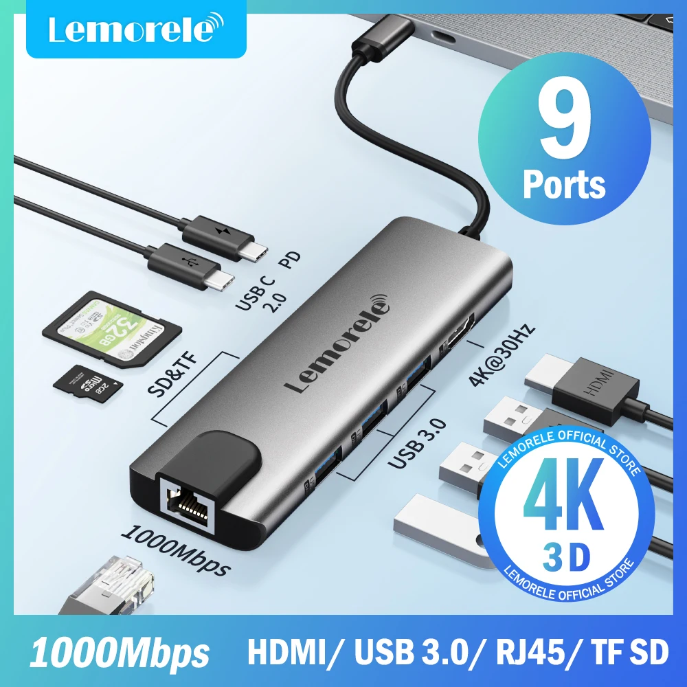 Lemorele USB Hub USB 3,0 zu HDMI 4 k30hz Typ C Docking station USB C Hub Adapter Gigabit Ethernet für Xiaomi Lenovo MacBook Pro