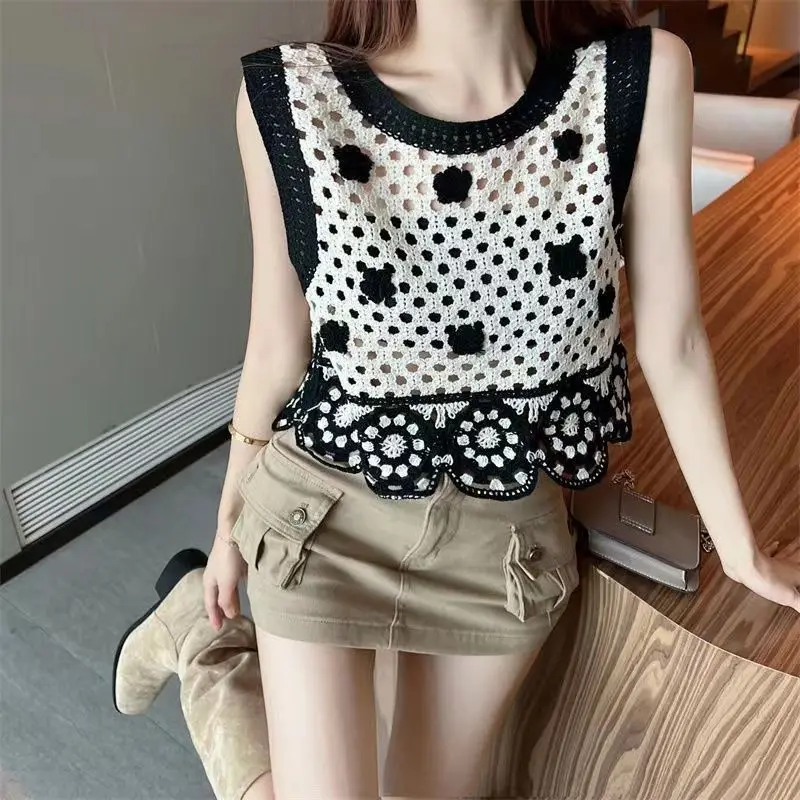 Fake 2 Pcs Blouses Women Hollow Out Designed Sweet Heart Girls Leisure O-neck Crop Patchwork Streetwear New Summer Chic Vintage